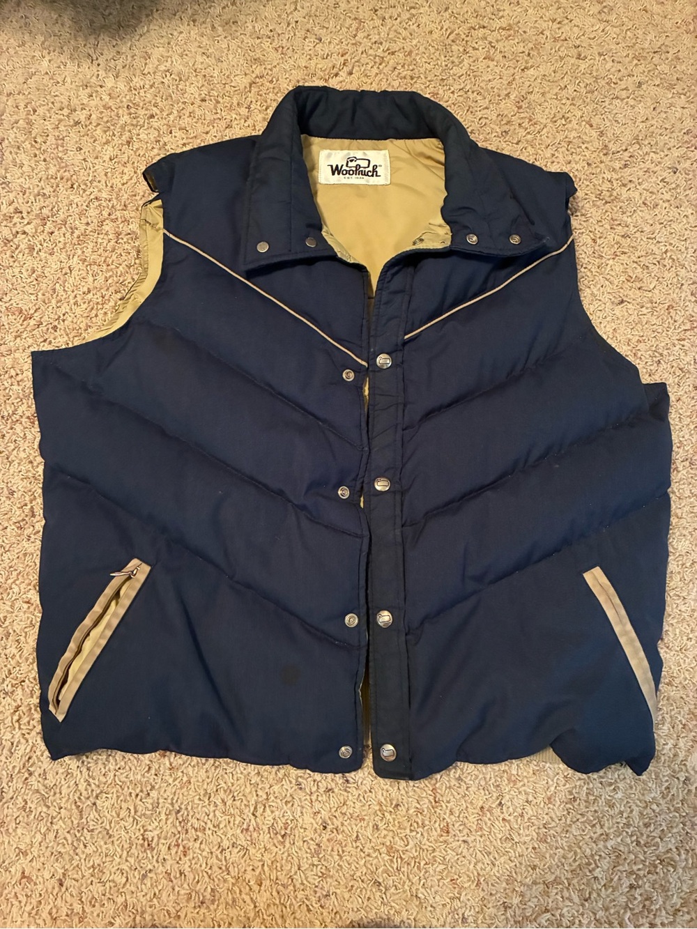 Woolrich Navy Puffer Vest with Tan Trim